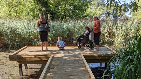 Four people, including a small child bending down for a better view, and a young girl in a wheelchair, at the end platform of the boardwalk at Big Pool Wood. Below them is one of the large ponds, with reeds and grasses further out in the water, and trees in the background.