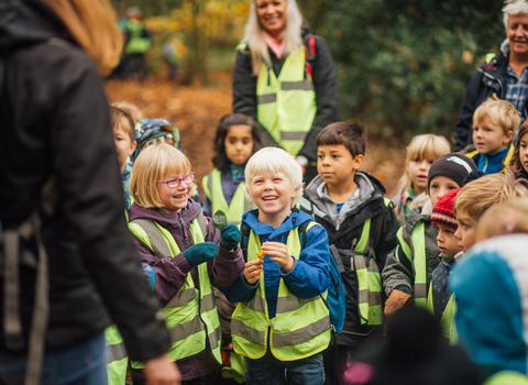 Central to the picture is a young boy holding a yellow leaf and laughing. Around him are about 10 other children, some with their own leaves, all are wearing high vis yellow vests and outdoor clothing. Behind them and front left are the adults accompanying them and the group leader. In the background there are some large evergreen trees, and the ground is entirely covered in fallen autumn leaves.