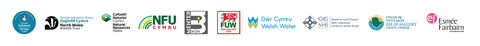 Logo banner displaying funders and partner organizations of the Corsydd Calon Môn project. Includes logos for: Heritage Fund, North Wales Wildlife Trust, Natural Resources Wales, NFU Cymru (National Farmers Union Cymru), Menter Môn, FUW (Farmers' Union of Wales), Dŵr Cymru Welsh Water, Betsi Cadwaladr University Health Board, Isle of Anglesey County Council, and the Esmée Fairbairn Foundation