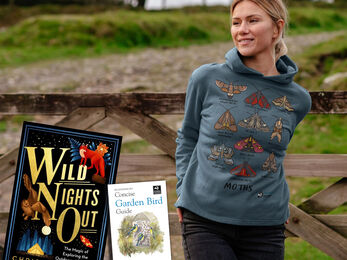 Montage of young woman wearing grey blue hoodie with moths, and two wildlife books