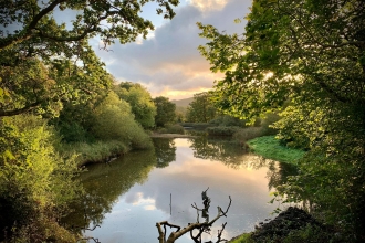 One of the large pools at Spinnies Aberogwen nature reserve. The water is surrounded on all sides by vegetation and large trees, at the very bottom of the picture, a dead branch juts out into the water as a perch for the local kingfishers. The picture is framed on both sides by large trees in full leaf overhanging the view point. On the horizon there are hills visible through a gap in the trees. The sky is blue, with lots of grey/ white clouds, all highlighted in yellow from the sun behind them. All the col