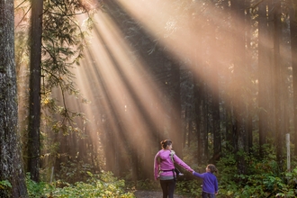 image of adult and child walking in forest 
