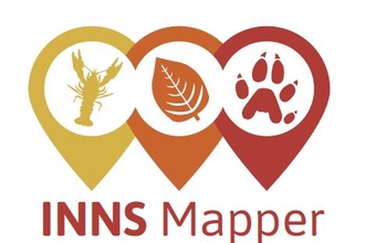 Invasive, non-native species mapper logo. Dark brown text on a white background reads :INNS Mapper. Above the text are 3 map location pips in varying shades of brown from light to dark, each has a picture in the middle, from left to right of: a crayfish, a leaf and an animal track.