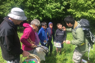 A Group with adults and young people in a field lined with trees. They are holding bug hunting nets, ID guides and bug pots. The group are gathered round looking at the insect caught in one bug pot.
