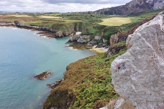A clifftop view of one of the coves at Breakwater park. The sea is a pale clear blue with a sandy bottom. the surrounding cliffs are covered in vegetation with pale grey rocks showing on occasional bare patches. Above the cove there are fields stretching out and then even higher cliffs behind in the distance.