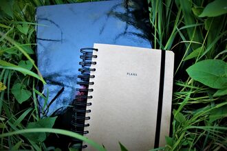 Notebooks lying on the grass. 