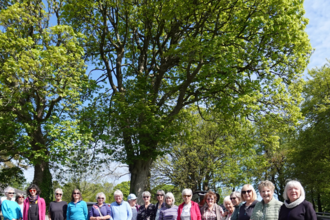 A group photo of the Merched Mercher women’s walking group standing together under leafy green trees before their guided walk at Cors Erddreiniog