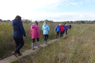 Cors Goch school visit on boardwalk