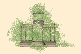 Abstract plants growing out of an ornamental Wardian Case