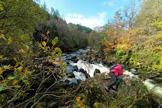 A river, with lots of large dark rocks and a series of rapids. The banks are steep and rocky, covered in dense autumn coloured trees. A person in red lies on a large rock, looking down at the river to take a picture with a camera.