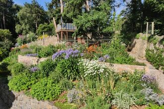 A garden terrace made of pale bricks, with vibrant blue, orange, yellow and pink flowers, leading up to a small viewing platform surrounded by trees.