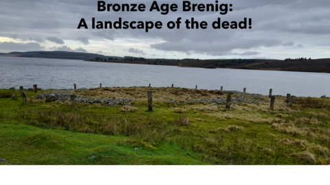 A bronze age landscape featuring a timber circle, with an internal stone ring, on the shore of the lake at Llyn Brenig. Text reads 'Bronze age Brenig: a landscape of the dead!'