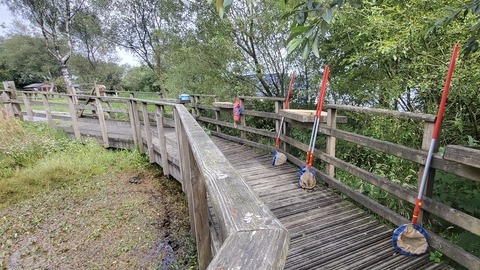 A wooden boardwalk circles around on side of a pond. the railing is lined with small nets with long red handles. Through the trees behind them a field and a large lake are just visible.