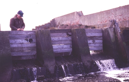 Mike Smith, at work on the Cemlyn weir in the early 1980s