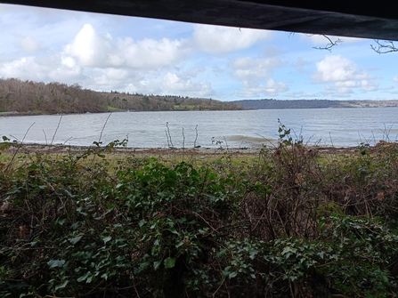 View of the estuary of the Spinnies Aberogwen reserves from the main hide. In front of the River Ogwen are plants and grassy shoreline