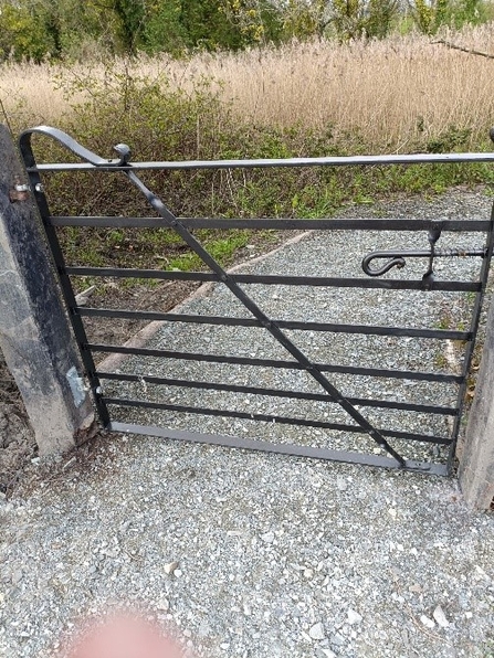 Photo of the new gate to the Viley Hide at the Spinnies Aberogwen/ The gate is black.