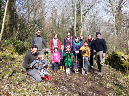 Joe Philips on the right with the 'Grwp Gwyllt' at Coed Cilygroeslwyd