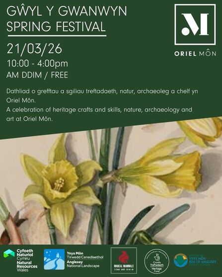 A flyer for Oriel Mon spring festival. Text reads: Gwyl y gwanwyn, Spring festival. 21/03/26 10:00 - 4:00pm. Am ddim/ free.