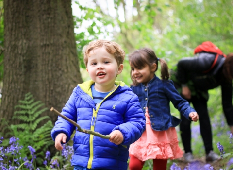 A small boy carrying a stick, walking through a woodland with large old trees and bluebells carpeting the floor. Behind him is a young girl running up to him, and a woman bending down to look at the flowers.