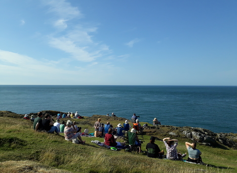 A group of around 30 people dotted across a cliffside, some with chairs and picnic blankets, all facing out towards a calm deep blue sea to watch for porpoise. The sky is bright blue with a few wispy clouds and the sun is shining behind the camera.