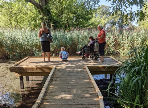 Four people, including a small child bending down for a better view, and a young girl in a wheelchair, at the end platform of the boardwalk at Big Pool Wood. Below them is one of the large ponds, with reeds and grasses further out in the water, and trees in the background.