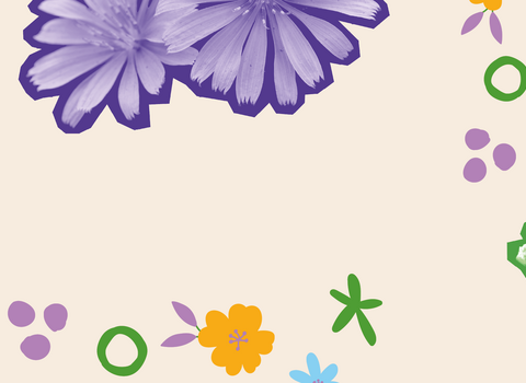 graphic image of two children playing and a bug on branch with multiple flowery images surrounding