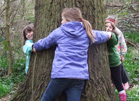Children tree hugging